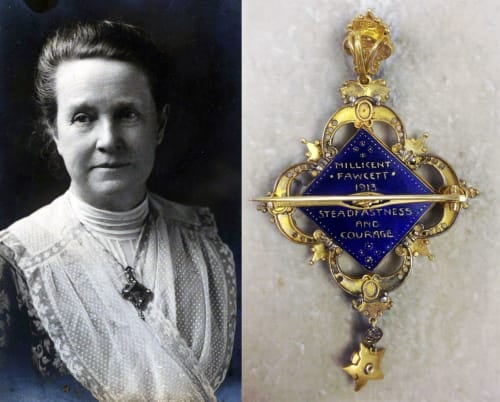 Portrait of Millicent Fawcett and back of brooch